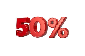 Red glossy 3d rendered graphic indicating a fifty percent discount offer on black background.