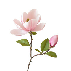 Obraz premium Delicate pink magnolia flower and bud with green leaves isolated on transparent background