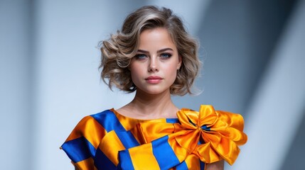 A stunning fashion model poses elegantly in a vibrant outfit featuring bold colors and intricate design, showcasing contemporary trends in an artistic manner.
