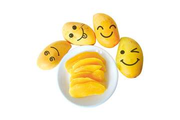 Creative image of fresh, ripe mangoes, some with cute cartoon faces, surrounding a bowl of sliced...