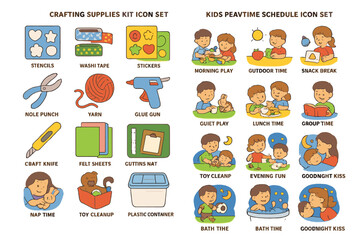 Crafting supplies and kids' peatime schedule icon sets with activities