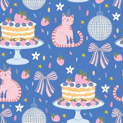 Seamless vector birthday pattern with pink cats, disco balls, cake, bows, flowers, strawberries, and confetti. Cute playful background.