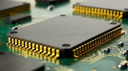 Close-up view of a microprocessor on a circuit board, showcasing intricate details and connections - Powered by Adobe