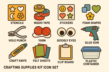 Crafting supplies kit icon set featuring tools and decorative items