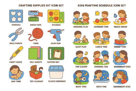 Crafting supplies and kids' peatime schedule icon sets with activities