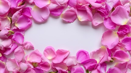 Fototapeta premium Pink rose petals create a beautiful frame on a white background for artistic decoration or design elements