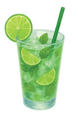 Watercolor vector illustration of Classic Mojito cocktail. Isolated on white background.
