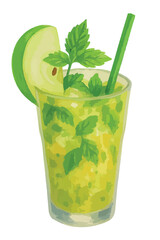  Watercolor vector illustration of Apple Mojito cocktail. Isolated on white background.
