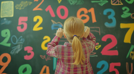 AI generator images of Primary Maths ,Children in classroom raising hands to answer question on blackboard, Diverse student writing engineering code or prompt at blackboard erudition World Math Day