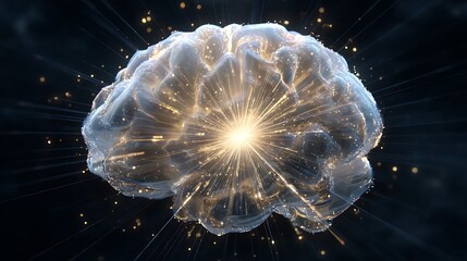A translucent floating brain emitting rays of energy and particles from its core, symbolic of unlimited intelligence, conceptual futuristic art, ultra-realistic 