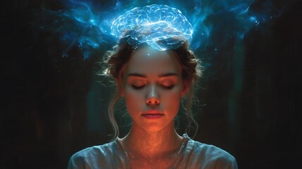 Young woman meditating with a glowing neural brain hovering above her head, inner peace meets higher intelligence, spiritual and futuristic fusion, ultra-realistic 