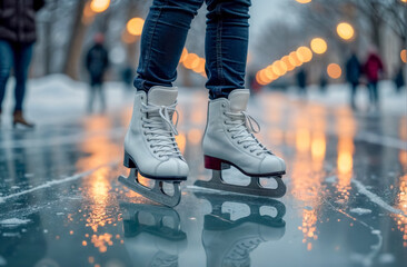 A figure skater in white skates moves gracefully across an icy surface at a park during a winter evening. Soft lights illuminate the surrounding trees, creating a festive ambiance.