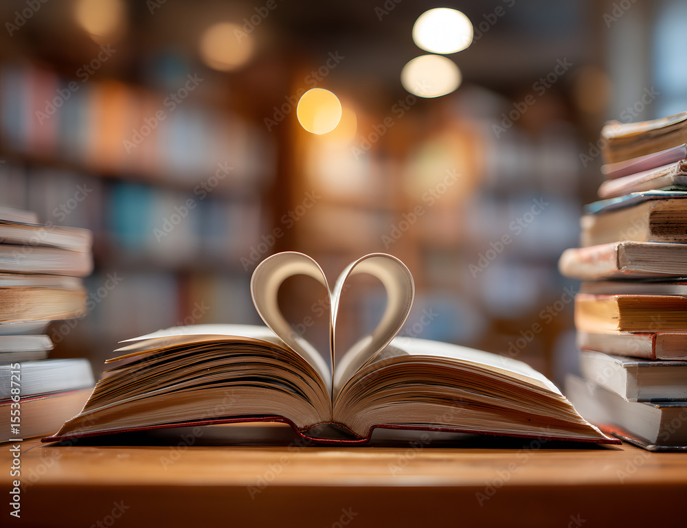 Poster love story book with open page of literature in heart shape and stack piles of textbooks on reading 
