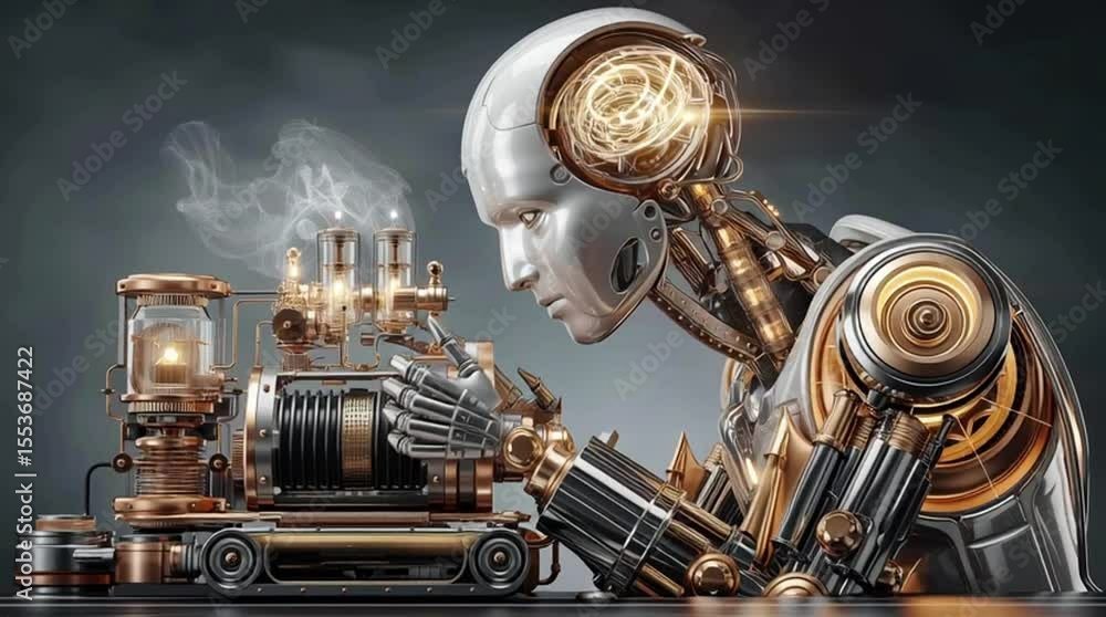 Poster detailed steampunk robot portrait: intricate clockwork automaton design with visible gears and pipes