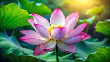 Beautiful pink lotus flower in full bloom surrounded by lush green lily pads