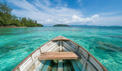 AI generator images of Thai traditional wooden longtail boat and beautiful sand beach at Koh island . the most beautiful country in Asia and The world's best beaches ,North Point Beach Koh Lipe ,andam