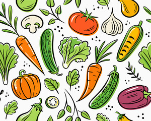 Colorful Vegetable Seamless Pattern: Hand-Drawn Carrots, Cucumbers, Tomatoes