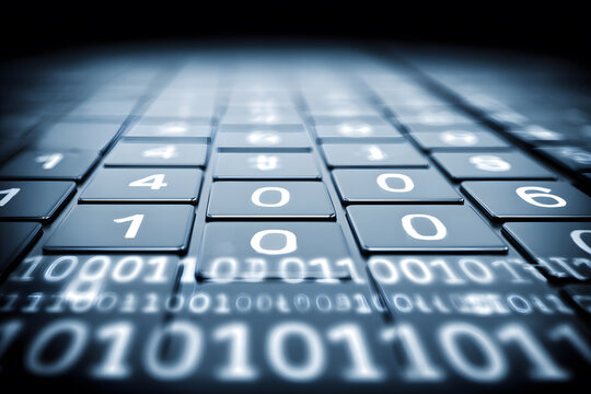 Dark grey calculator keyboard displaying numeric keypad above binary code sequence
