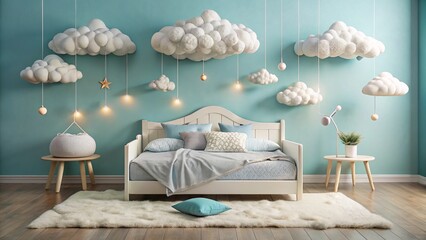 Cozy and dreamy nursery interior with cloud decorations and comfortable bedding design