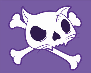 Cute Cartoon Cat Skull with Crossbones - Purple Background