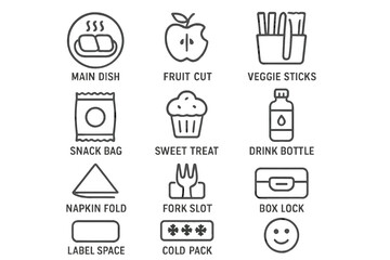 Lunchbox organization icons: main dish, fruit, veggie sticks, snack, sweet treat, drink