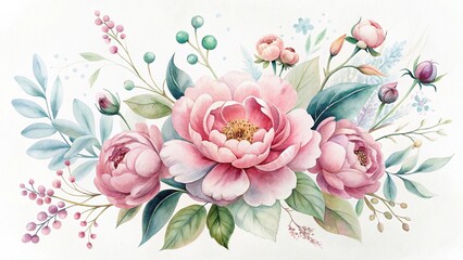 Delicate watercolor painting of pink peonies with lush green leaves and berries on white