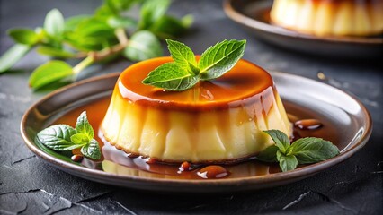 Delicious caramel flan dessert garnished with fresh mint on elegant ceramic plate