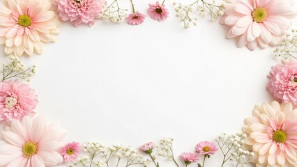 Elegant floral border featuring pink and peach flowers with white background composition