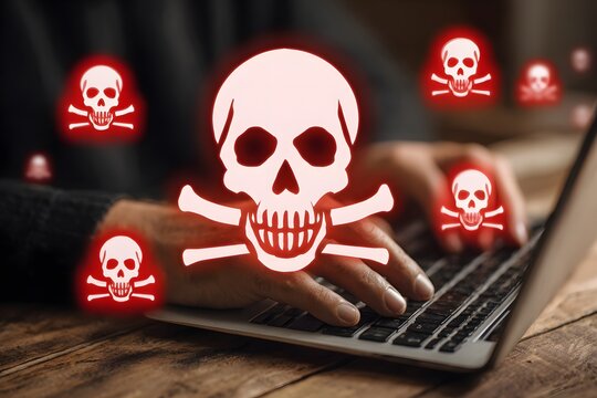 Person typing on a laptop keyboard with superimposed skull and crossbones icons suggesting online security threats - Powered by Adobe