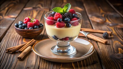 Exquisite dessert glass of creamy panna cotta topped with fresh berries and cinnamon sticks