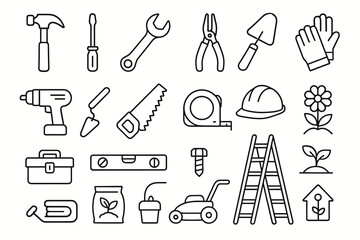 Set of 20 gardening and construction tool icons in black and white