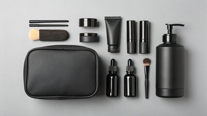 Minimalist collection of stylish black beauty products and accessories on a gray background