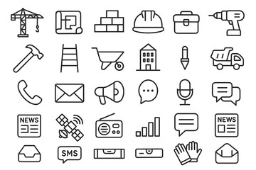 Fototapeta premium Construction tools and communication icons: hard hat, drill, emails, and news symbols