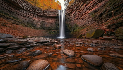 AI generator image of waterfall in a forest with a sunset majestic autumn forest vibrant foliage flowing stream Majestic autumn waterfall flowing through vibrant orange forest and misty mountains. A b