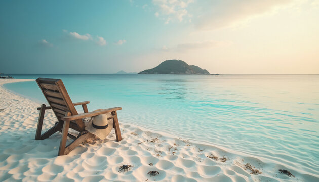 Beach Chair with Hat on Sand near Ocean