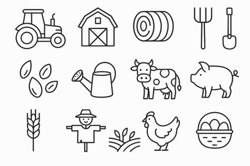 Fototapeta premium Outline farm icons: tractor, barn, hay, animals, tools, plants