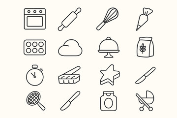 Set of baking icons featuring kitchen utensils and ingredients
