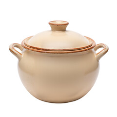 Beige ceramic cooking pot with lid and handle  