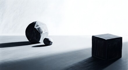A cube and two polyhedral spheres cast long shadows on a light surface, creating a minimalist composition.