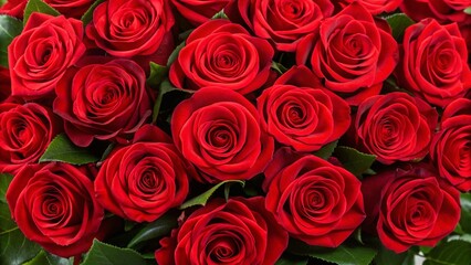 Stunning close up view of vibrant red roses arranged in a beautiful floral display.