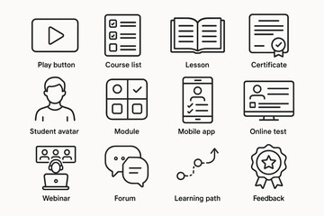 Educational icons set covering online learning and certification elements