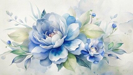 Watercolor painting of elegant blue flowers with green leaves and a delicate watercolor background
