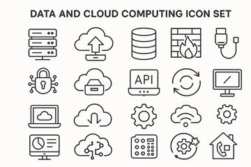 Data and cloud computing icon set featuring servers, cloud storage, and security symbols