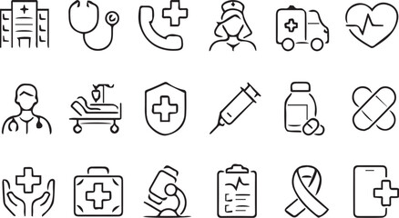 Line art vector icon set of hospital and medical symbols. Perfect for healthcare apps, infographics, clinics, emergency signage, pharmacy branding, and patient care designs.
