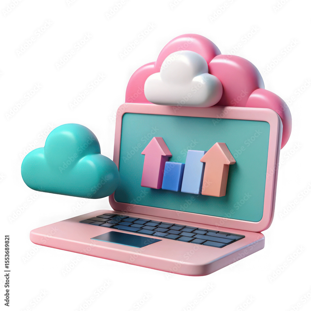 Poster 3d laptop displaying upward trending graph with clouds isolated on transparent background