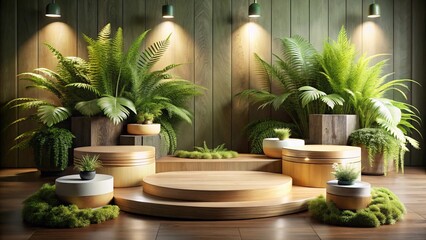 Wooden podium with ferns and greenery display perfect for product presentation and display
