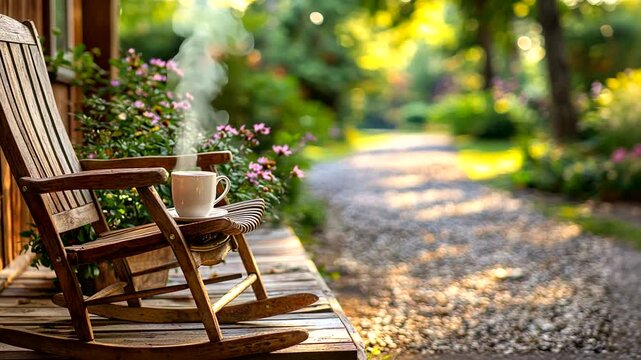 Cozy rocking chair on a porch with steaming coffee, surrounded by blooming flowers and a peaceful garden path