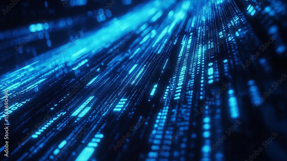 Poster Blue digital binary data on computer screen background