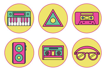Eighties Style Synthwave Vector Icons Keyboard Cassette Sunglasses