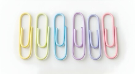 Colorful paper clips arranged in a row showcasing pastel shades perfect for office supplies, organization, or creative projects with a playful touch